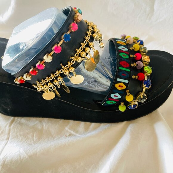 Boho Rhinestone and Beaded Platform Wedge Sandals Size 6 - Picture 6 of 11